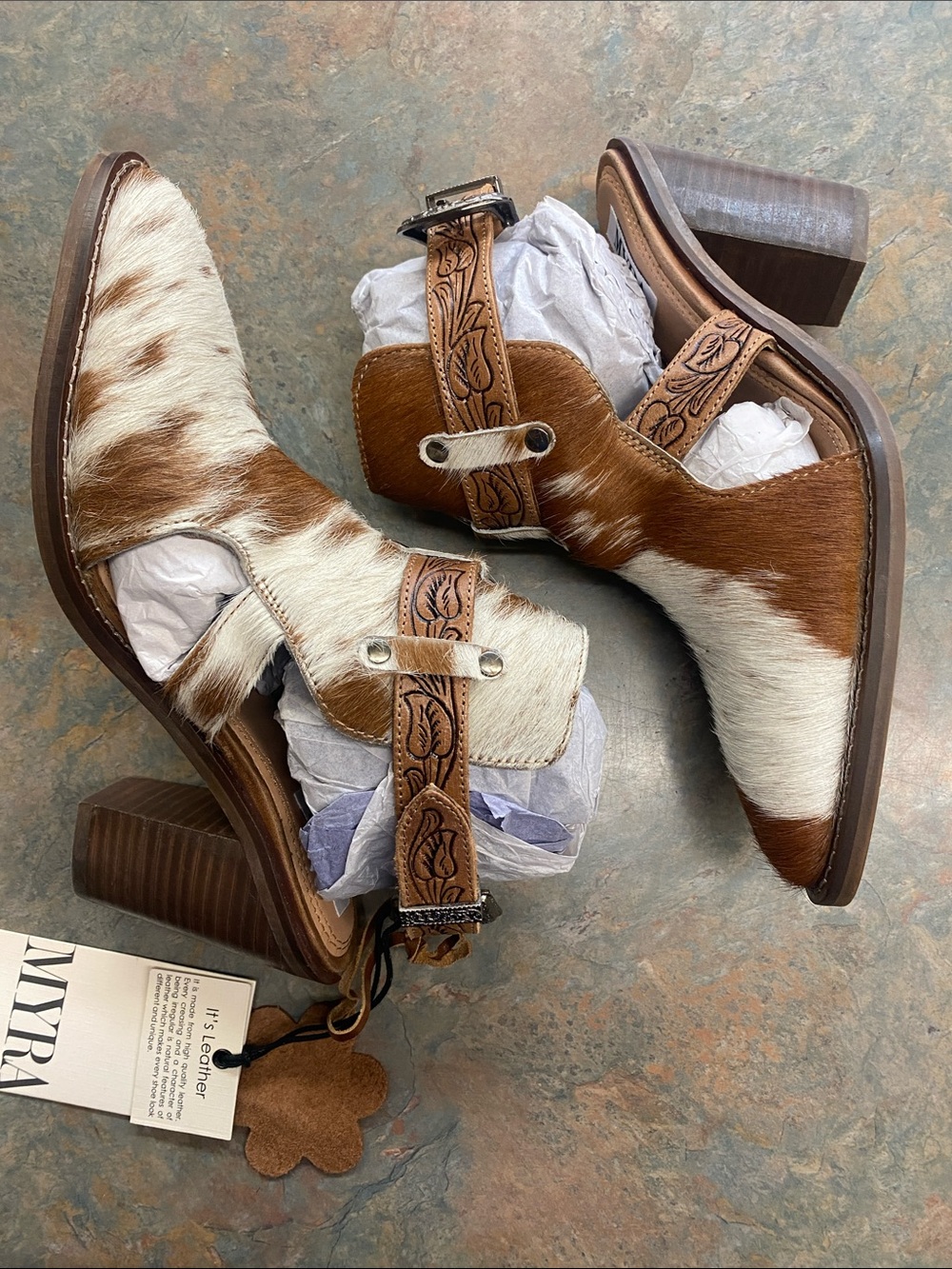 Myra Bag Brown & White Cowhide Cutout Heeled Ankle Boots for Men - Picture 8 of 14
